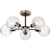 Plattsburgh Semi Ceiling, 5 Light E14 IP44 With 15cm Round Textured Melting Glass Shade, Satin Nickel, Clear & Satin Black
