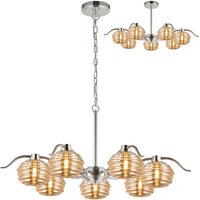 Astoria 86cm 7 Light Multi Arm Pendant/Semi Flush With 160mm Glass, Polished Nickel/Amber