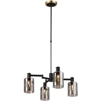 Worcester Swing Arm Telescopic Pendant, 4 Light E14, Brass/Satin Black/Smoke Uniform Dimple Cylinder Glass