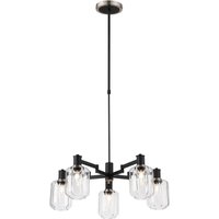 Worcester Swing Arm Telescopic Pendant, 5 Light E14, Satin Nickel/Satin Black/Clear Striped Cylinder Glass