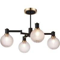 Worcester 55cm Swing Arm Semi Ceiling, 4 Light E14, Brass/Satin Black/Clear Round Textured Diamond Pattern Glass