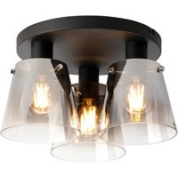 Greenport 38cm Round Ceiling Light With 16cm x 14cm Shade, 3 Light E27, Sand Black/Smoke Faded Glass Shade