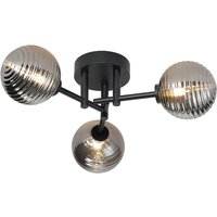 Tivoli 44.5cm Semi Flush Ceiling Round, 3 Light G9, IP44, Satin Black/Smoke Ribbed Round Glass