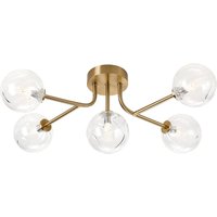 Tivoli Linear Semi Flush Ceiling, 5 Light G9, IP44, Brass Gold/Clear Waved Round Glass