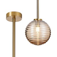 Tivoli 12cm Telescopic Pendant, 1 Light G9, IP44, Brass Gold/Amber Ribbed Round Glass