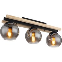 Conni Globe Ceiling Light Matt Black Wood Natural Brown Smoke Glass Shade 3x E27