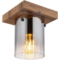 Underwood Cylindrical Ceiling Light Wood Look Dark Smoke Glass Shade 1x E27