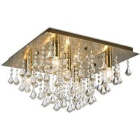 Acton Flush Ceiling 5 Light E14, 460mm Square, Antique Brass, Prism Crystal