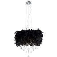 Ibis Ceiling Pendant with Black Feather Shade 3 Light Polished Chrome, Crystal