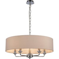 Banyan 5 Light Multi Arm Pendant, E14 Polished Chrome With 60cm x 15cm Dual Faux Silk Shade, Nude Beige/Moonlight