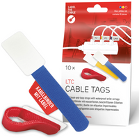 LTC CABLE TAGS Klettkabelbinder mit Beschriftung, 10 Stk Set 4xrot 3xblau 3xgelb