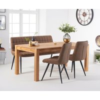 Thetford 150cm Oak Dining Table with Thetford 45cm Oak Extensions with 2 Brown Larson Chairs with 1 Brown Bench