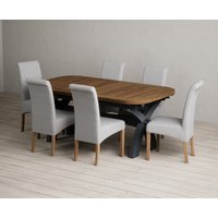 Extending Olympia 180cm Oak and Dark Blue Painted Dining Table with 10 Grey Scroll Back Chairs