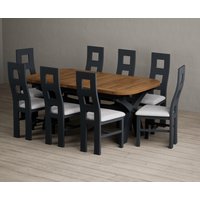 Extending Olympia 180cm Oak and Dark Blue Dining Table with 8 Light Grey Painted Chairs
