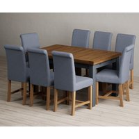 Extending Buxton 140cm Oak and Dark Blue Painted Dining Table with 6 Blue Scroll Back Chairs