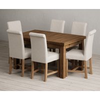 Extending Buxton 140cm Rustic Solid Oak Dining Table with 6 Blue Scroll Back Chairs