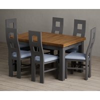 Extending Buxton 140cm Oak and Charcoal Grey Dining Table with 6 Blue Painted Chairs