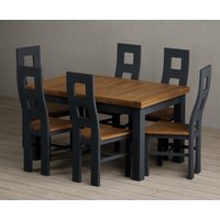 Extending Buxton 140cm Oak and Dark Blue Dining Table with 6 Rustic Oak Painted Chairs