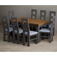 Extending Buxton 140cm Oak and Charcoal Grey Dining Table with 8 Blue Painted Chairs