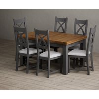 Extending Buxton 140cm Oak and Charcoal Grey Dining Table with 6 Light Grey Painted Chairs