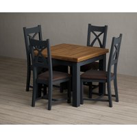 Extending Buxton 90cm Oak and Dark Blue Dining Table with 4 Brown Painted Chairs