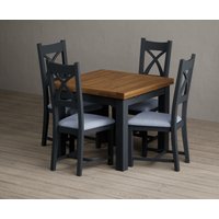 Extending Buxton 90cm Oak and Dark Blue Dining Table with 4 Blue Painted Chairs