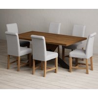 Michigan 180cm Rustic Oak and Metal Black Leg Industrial Dining Table with 6 Blue Scroll Back Chairs