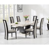 Novara 170cm Cream and Black Pedestal Marble Dining Table with 4 Brown Novara Chairs