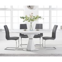 Oak Furniture Superstore, Jackson 120cm Round White Extending Dining Table With 4 Grey Tarin Chairs Oak Furniture Superstore, Jackson 120cm Round White Extending Dining Table With 4 Grey Tarin Chairs