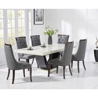 Oak Furniture Superstore, Raphael 170cm White and Black Pedestal Marble Dining Table With 4 Cream Francesca Chairs Oak Furniture Superstore, Raphael 170cm White and Black Pedestal Marble Dining Table With 4 Cream Francesca Chairs