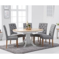 Oak Furniture Superstore, Epsom Oak and White Painted Pedestal Extending Table With 4 Grey Isabella Fabric Chairs Oak Furniture Superstore, Epsom Oak and White Painted Pedestal Extending Table With 4 Grey Isabella Fabric Chairs