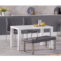Oak Furniture Superstore, Seattle 120cm White High Gloss Dining Table with 2 White Marco Chairs and 1 Austin Grey Bench Oak Furniture Superstore, Seattle 120cm White High Gloss Dining Table with 2 White Marco Chairs and 1 Austin Grey Bench