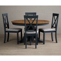 Oak Furniture Superstore, Hertford 120cm Oak and Dark Blue Painted Round Pedestal Table With 4 Charcoal Grey Hertford Chairs Oak Furniture Superstore, Hertford 120cm Oak and Dark Blue Painted Round Pedestal Table With 4 Charcoal Grey Hertford Chairs