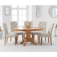 Oak Furniture Superstore, Epsom Pedestal Extending Dining Table With 4 Cream Isabella Fabric Chairs Oak Furniture Superstore, Epsom Pedestal Extending Dining Table With 4 Cream Isabella Fabric Chairs