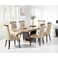 Oak Furniture Superstore, Raphael 170cm Brown Pedestal Marble Dining Table With 4 Cream Francesca Chairs Oak Furniture Superstore, Raphael 170cm Brown Pedestal Marble Dining Table With 4 Cream Francesca Chairs