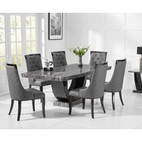 Oak Furniture Superstore, Raphael 200cm Dark Grey Pedestal Marble Dining Table With 10 Cream Francesca Chairs Oak Furniture Superstore, Raphael 200cm Dark Grey Pedestal Marble Dining Table With 10 Cream Francesca Chairs
