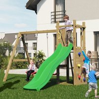 Rumble Ridge Wooden Climbing Frame with Double Swing & Slide Funny 3 Rock Wall