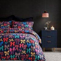 OHS Multi Bow Print Frill Edge Duvet Cover Set, Navy - Single