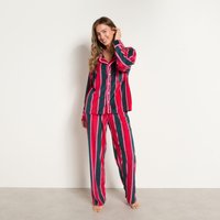 OHS Stripe Matte Velvet Button Through Pyjama Set, Green/Pink - Small/Medium