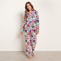 OHS Christmas Postcard Print Matte Velvet Button Through Pyjama Set, Multi - Small/Medium
