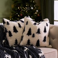 OHS Christmas Tree Print Teddy Cushion Covers, Monochrome - 45 x 45cm