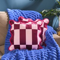 OHS Velvet Check Scallop Edge Cushion Covers, Burgundy/Pink - 45 x 45cm