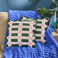 OHS Geometric Print Velvet Scallop Edge Cushion Covers, Green/Pink - 45 x 45cm