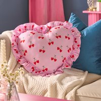 OHS Frill Heart Shaped Cherry Print Cushion - Pink/Green