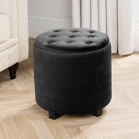 OHS Matte Velvet Button Top Storage Ottoman - Black