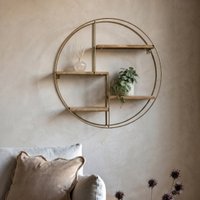OHS 4 Tier Round Multi Section Shelf - Light Wood/Gold