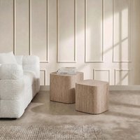 OHS Set of 2 Travertine Effect Square Side Tables - Cream