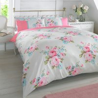 Duvet Cover with Pillowcase Bedding Set Floral Rosie Pink Blue Green - Double