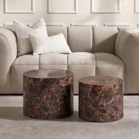 OHS Set of 2 Marble Effect Round Side Tables - Chocolate