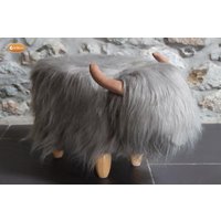 Georgette The Highland Cow Grey Synthetic Fur Footstool Gardeco